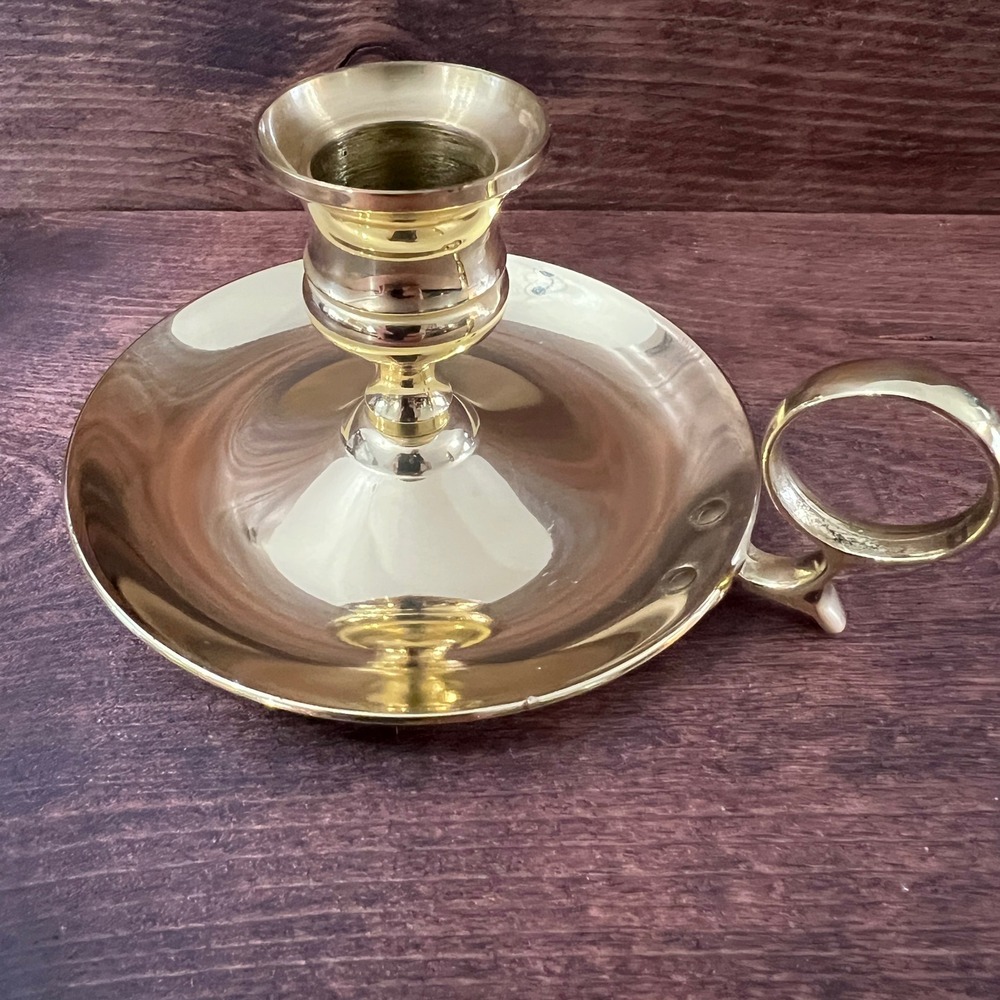 Polished Brass Chamberstick Candle Holder Finger Loop Saucer Base Gold Tone